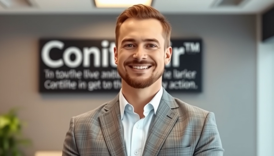 Smiling businessman in front of office logo related to financial planning.