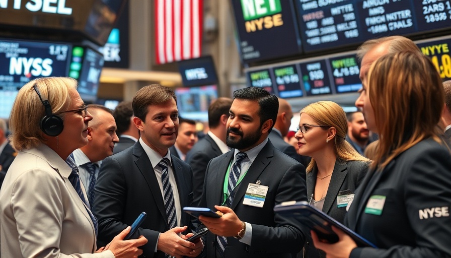 Professionals discussing investment strategy at NYSE, vibrant setting.