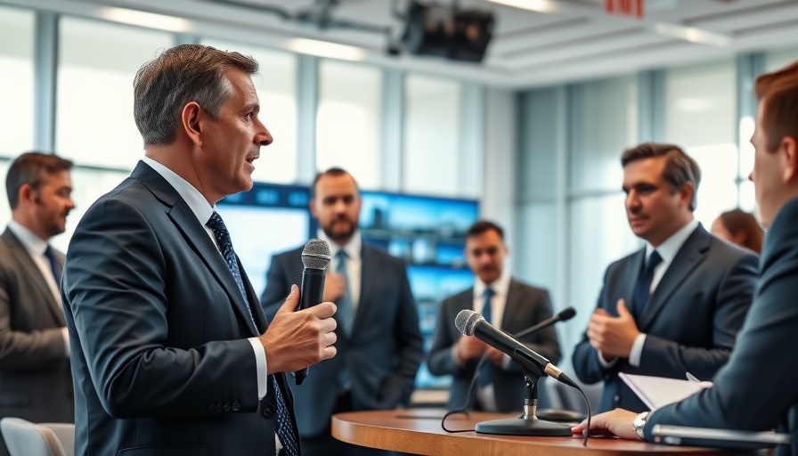 Business professionals discussing investment strategy at a press conference