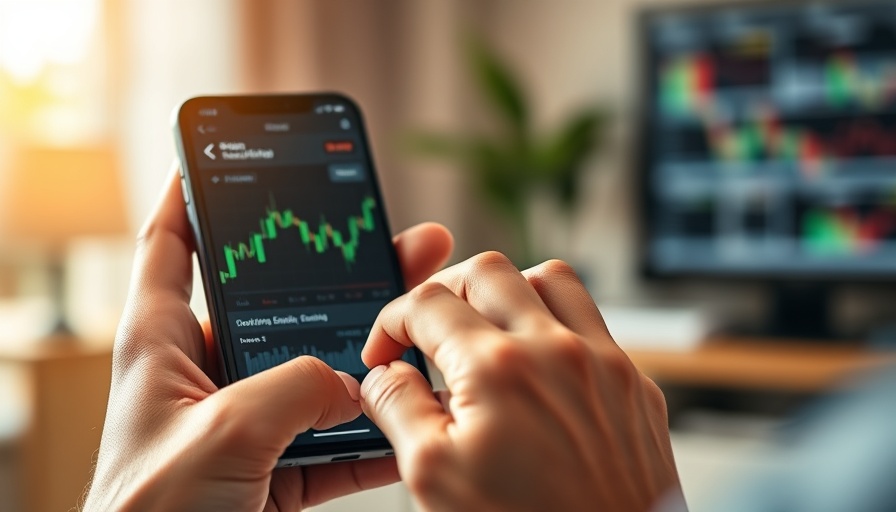 Close-up of hands using a smartphone with stock charts, AI in investing.