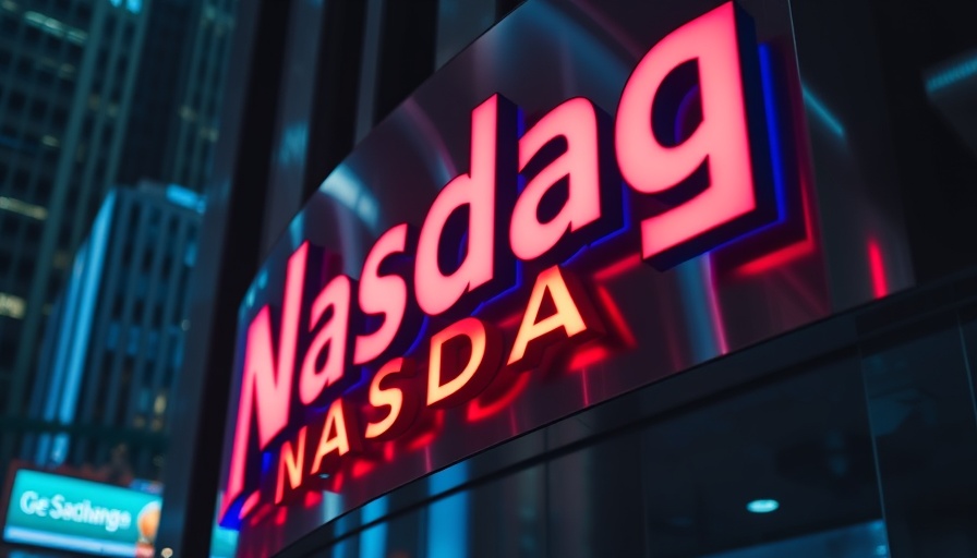 Close-up of Nasdaq sign, red lighting, financial planning ambience