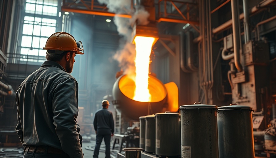 Steel workers in action during molten metal pour in industrial setting.