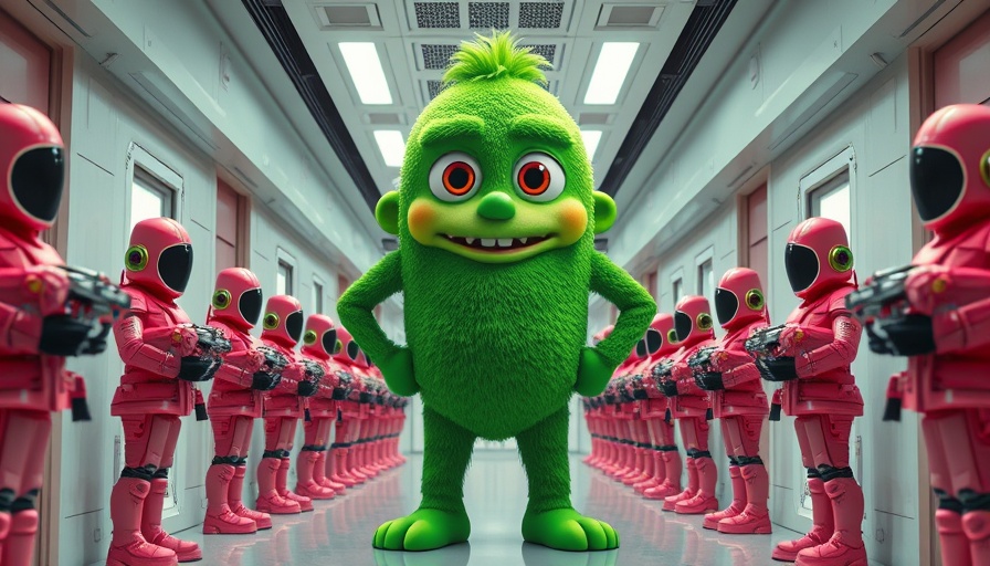Futuristic scene with green mascot and pink guards, AI Jobs Crisis
