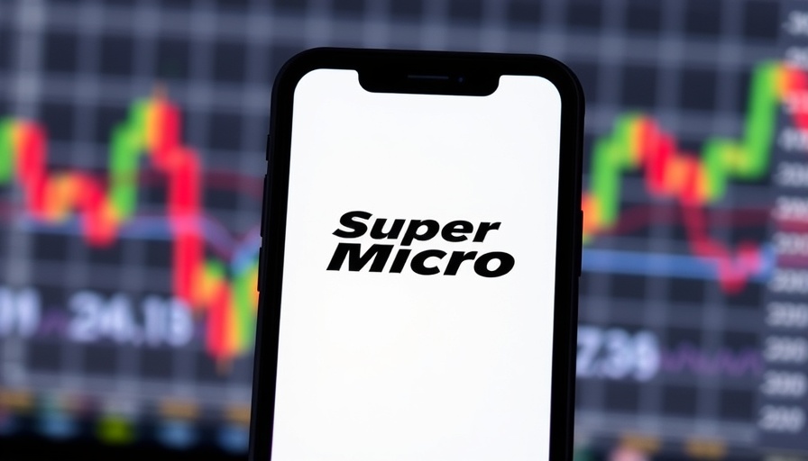 Super Micro logo on smartphone with stock chart in background.