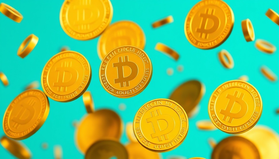 Floating Dogecoin coins symbolizing crypto assets with turquoise background.