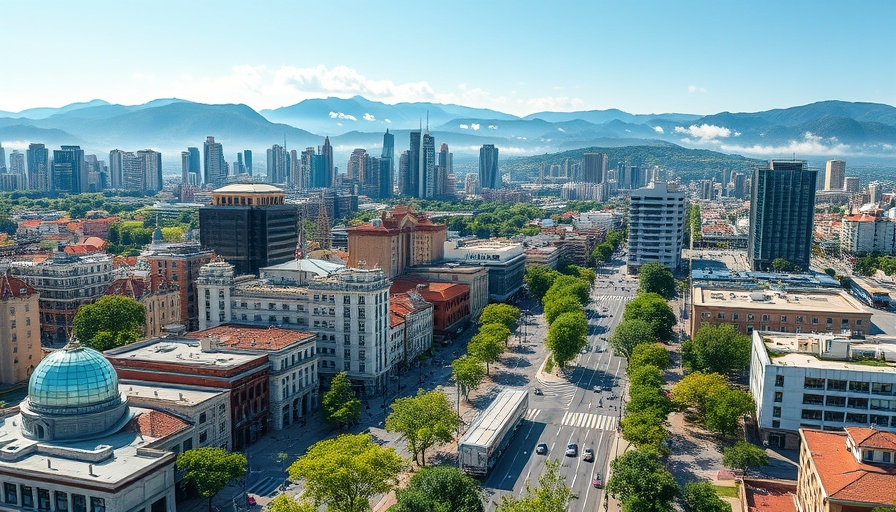 Lively cityscape of urban Idaho with mountains in view.