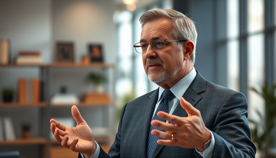 Middle-aged man in a suit discussing financial planning in an office.
