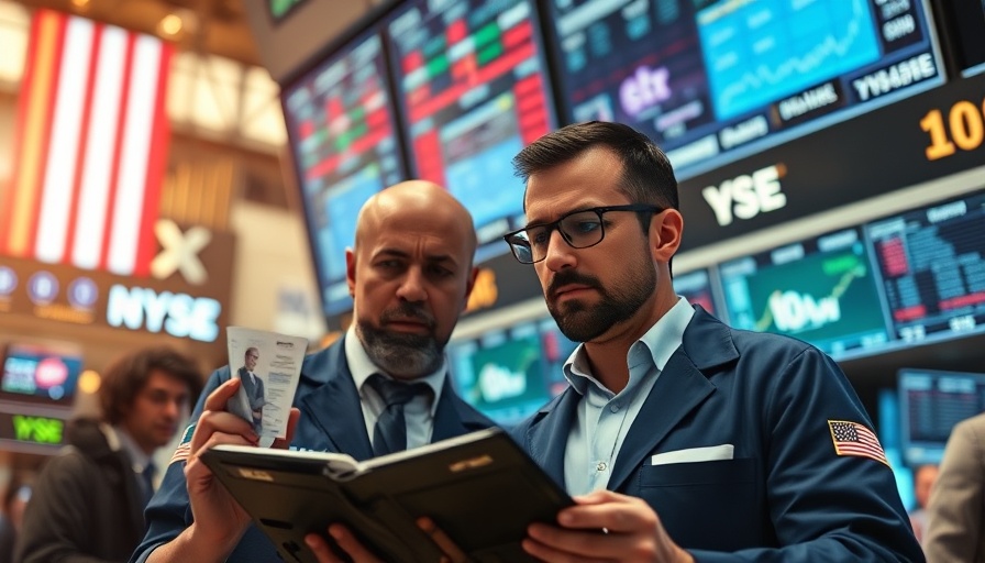 Financial experts discussing strategies on stock exchange floor.