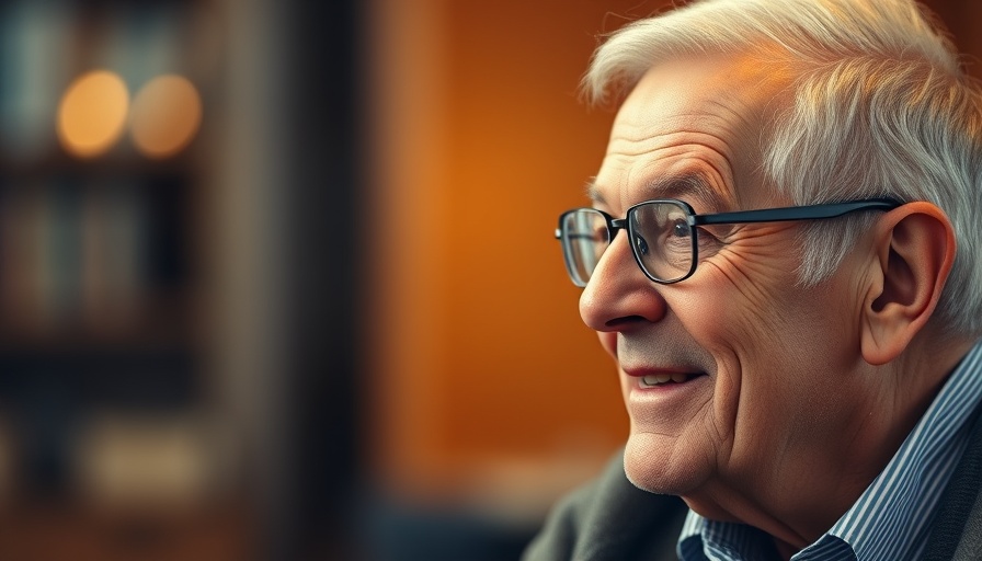 Elderly man smiling warmly in conversation, close-up portrait.