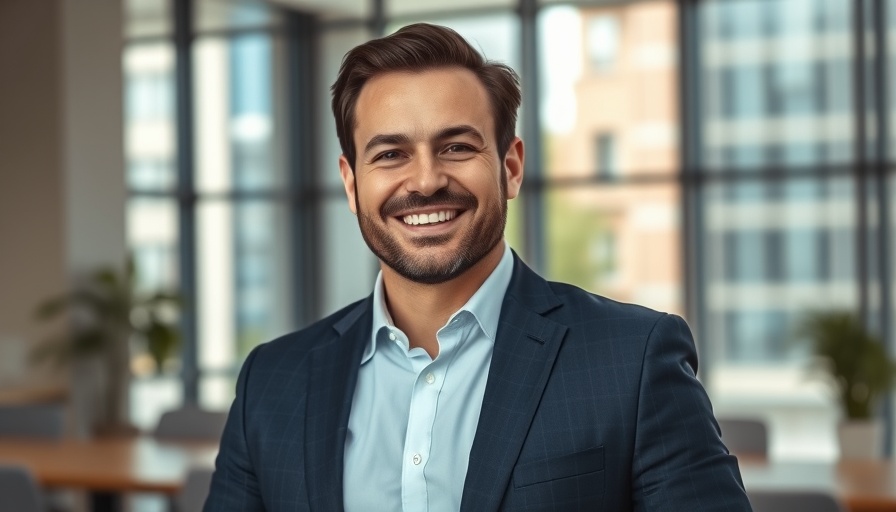 Confident businessman smiling in modern office for financial planning.