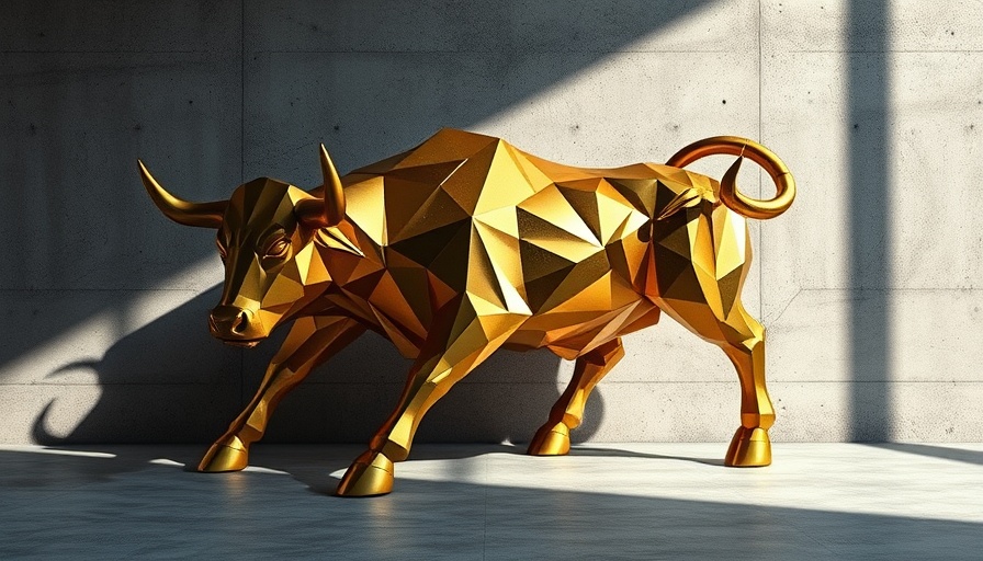 Geometric bull sculpture casting bear shadow, Bitcoin treasury theme.