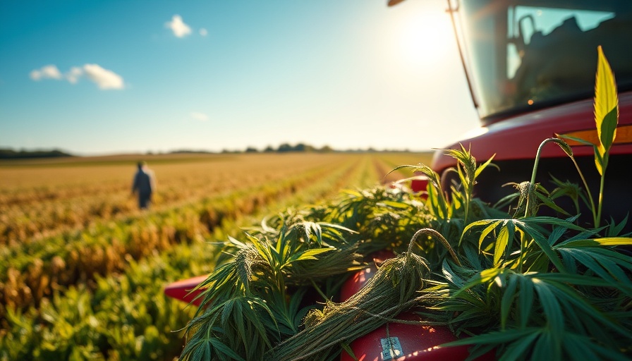 Freshly harvested industrial hemp on machinery, sunny day, vibrant details.