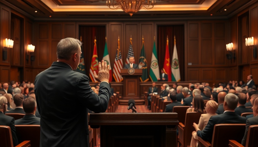Formal event with speaker waving at podium, investment strategy discussed.