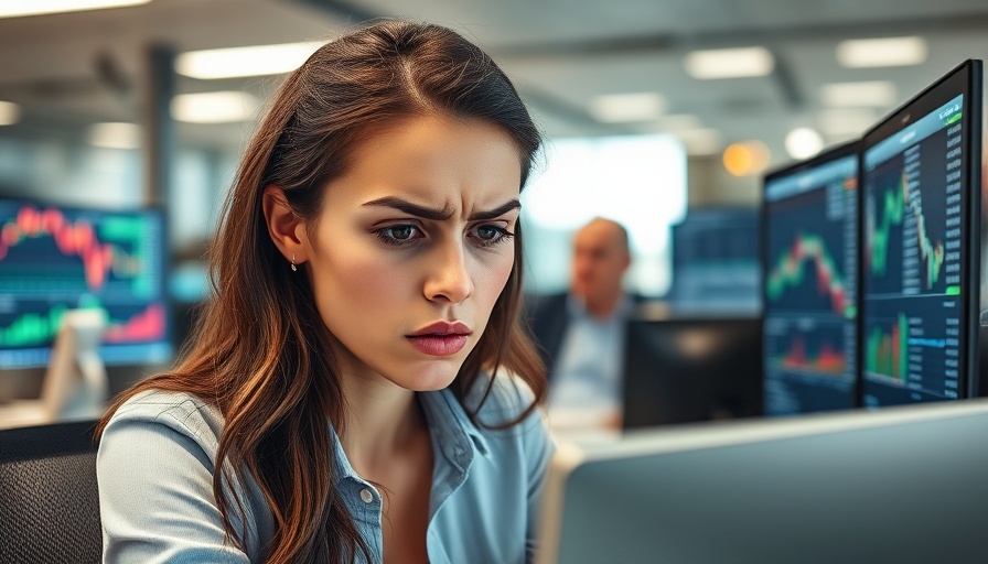 Stressed woman analyzing stock market data, focus on investments.