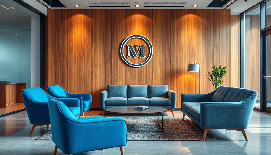 Modern office lobby for financial planning with logo and furniture.