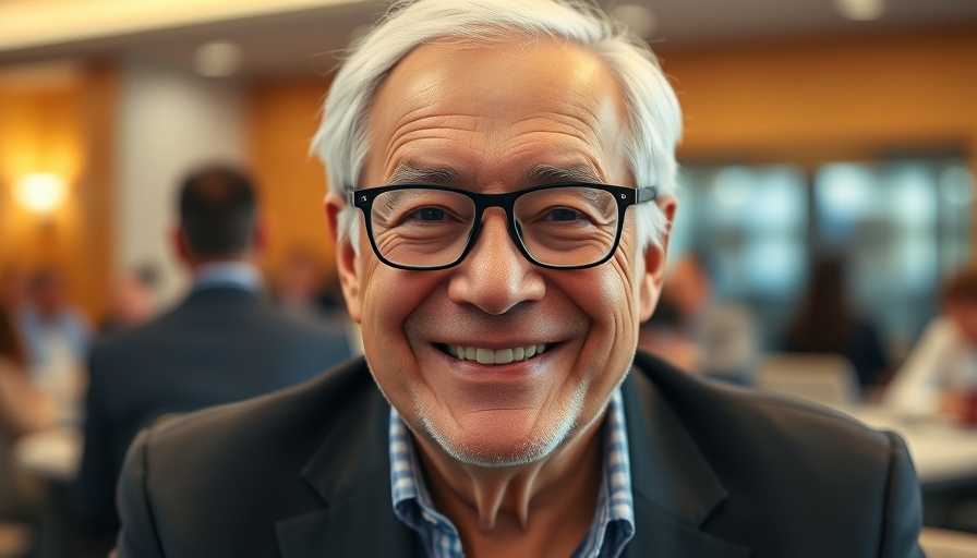 Senior man smiling at an indoor event, American companies worth investing in.