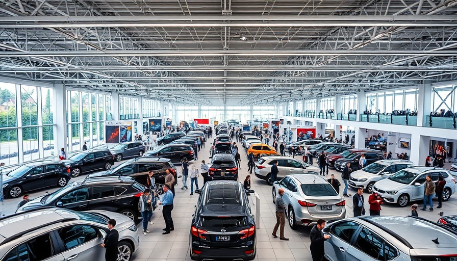 Modern car exhibition with various vehicles on display in a showroom.