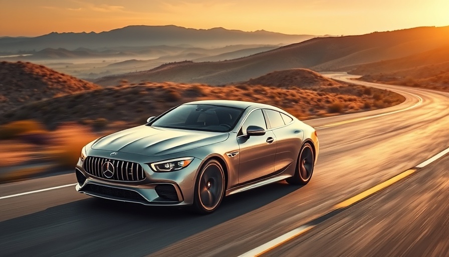 Sleek silver luxury sedan driving on a winding road at sunset.