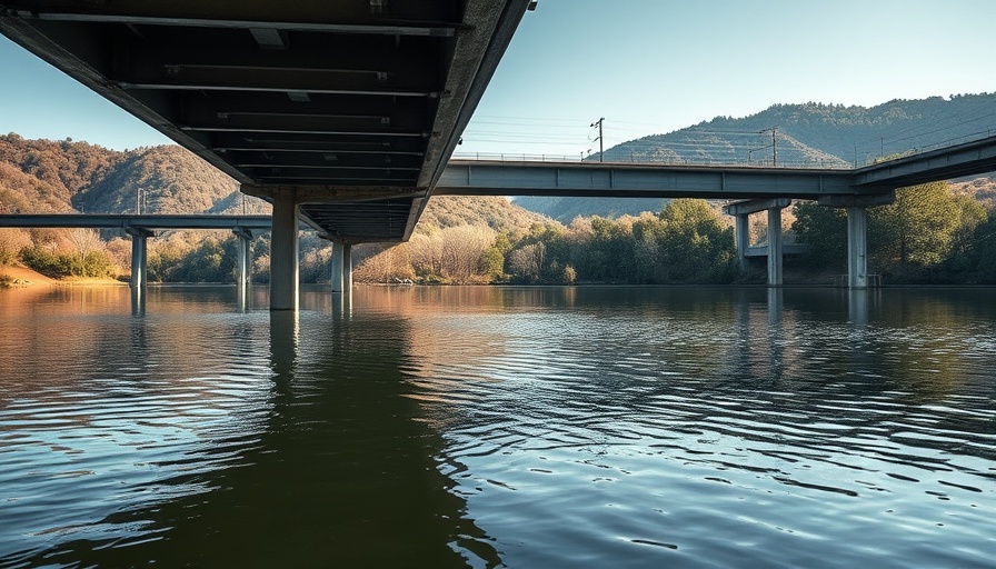 Serene lake scene under a railway bridge, symbolizing financial planning.