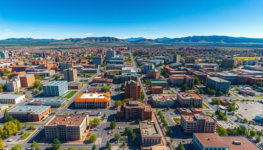 Aerial view of Colorado Springs with cityscape and mountains.