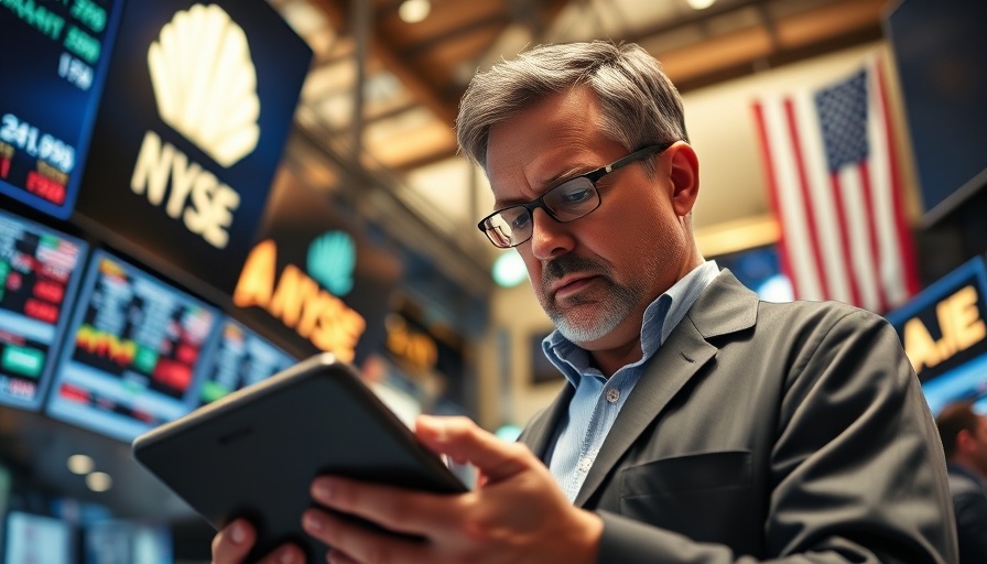 Stock market trader analyzing investments on a trading floor.