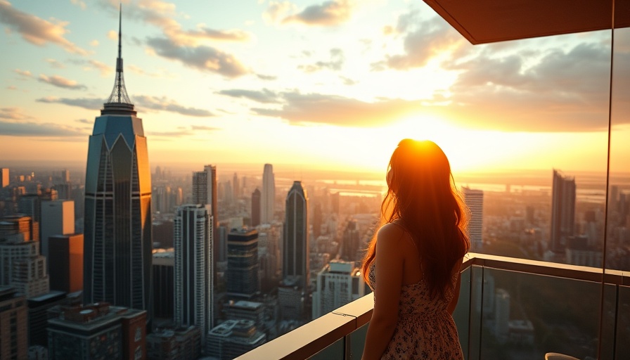 Young woman admiring wealthiest U.S. city skyline at sunset.