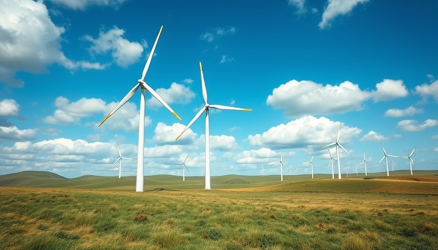 Wind turbines in expansive field generating clean energy.