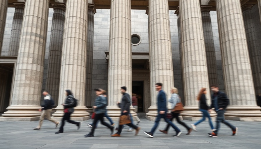 People walking past stone columns evoking financial planning themes.