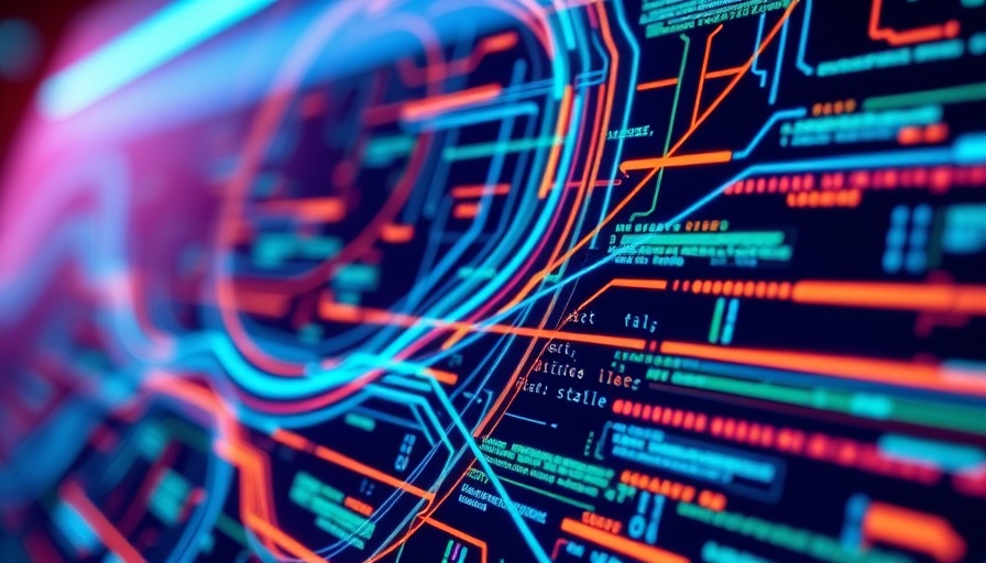 Futuristic digital code display in a tech-themed background.