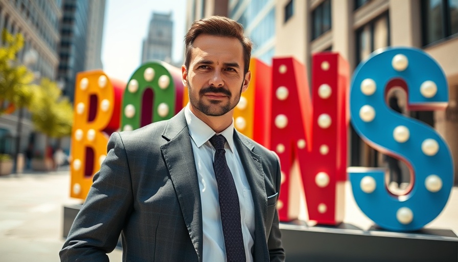 Distinguished man beside large 'BONDS' letters, urban setting.