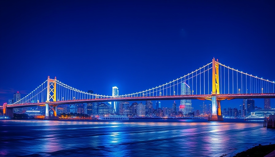 AI investment strategies illustration with vibrant bridge cityscape and logo.