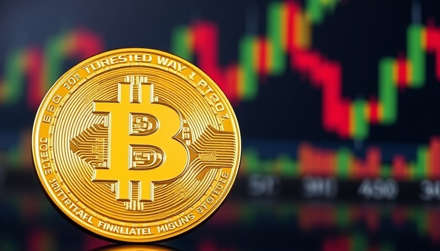 Close-up of Bitcoin coin with stock market chart backdrop.