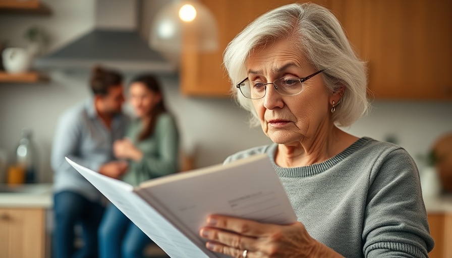 Worried senior woman holding a checkbook, reflecting on social security challenges in a kitchen.