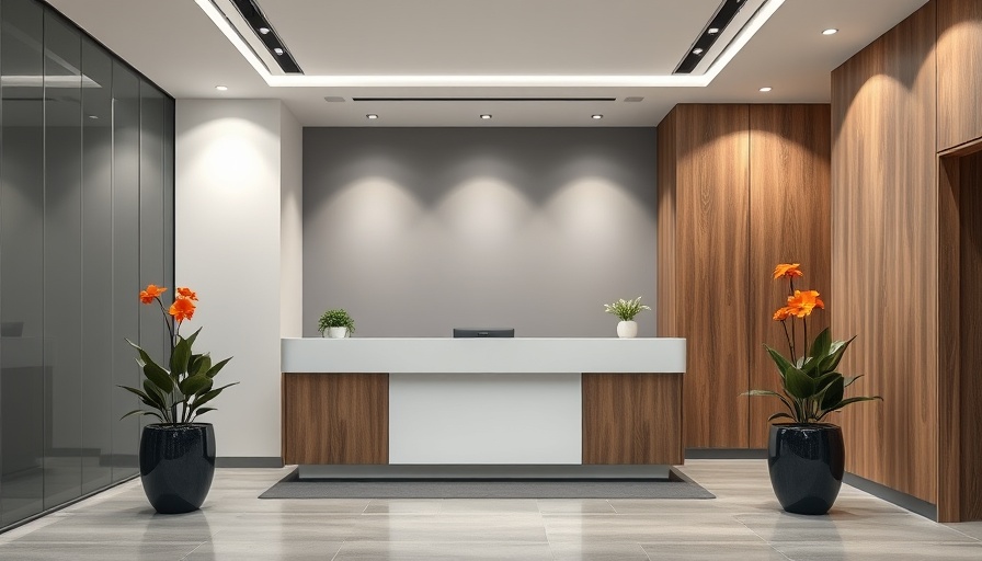 Modern financial office lobby with wooden cabinetry and plants.