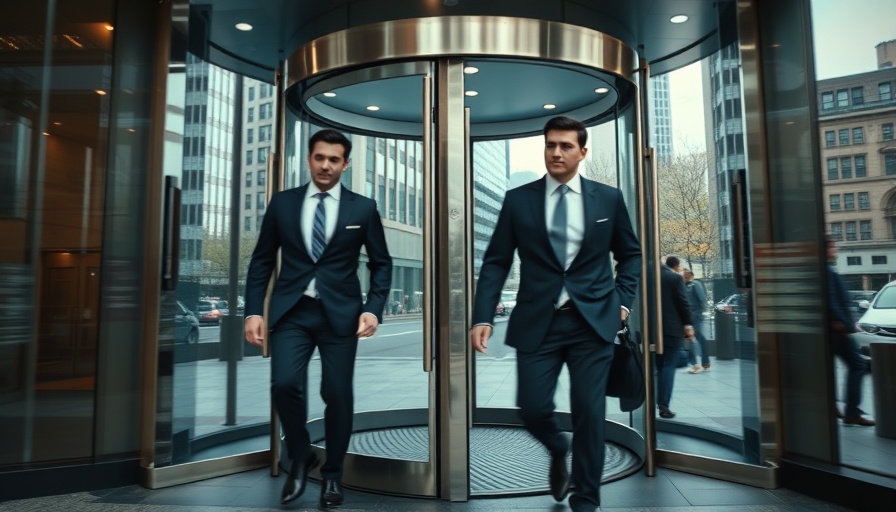 Dynamic entrance at J.P. Morgan with professionals entering revolving door.