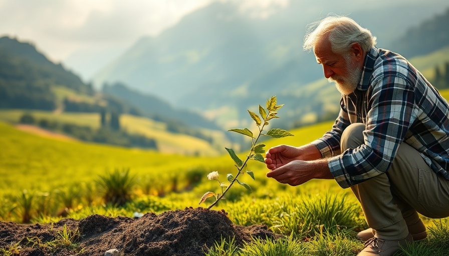Elderly man planting tree in mountainous landscape, investing positives.