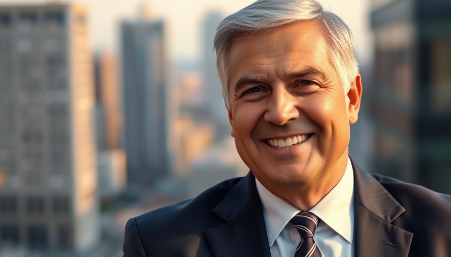 Smiling man in suit, representing financial planning, blurred cityscape.
