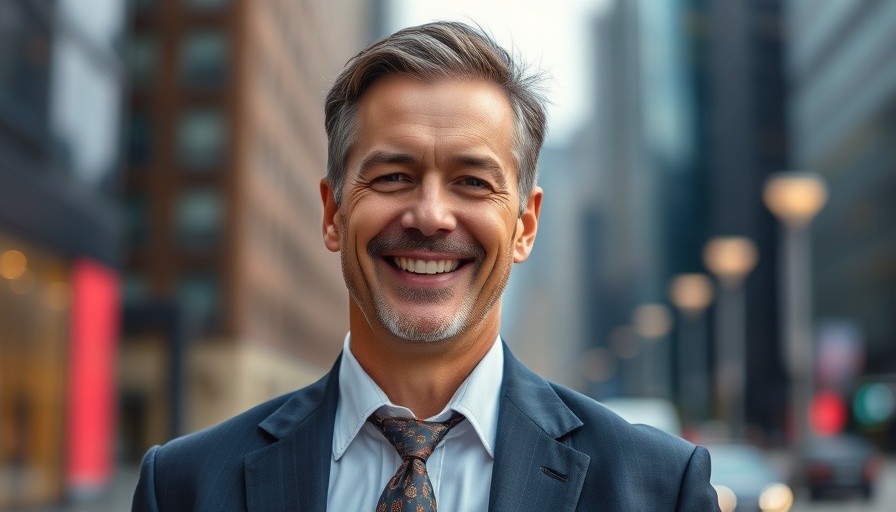 Confident man in suit smiling, financial planning theme.