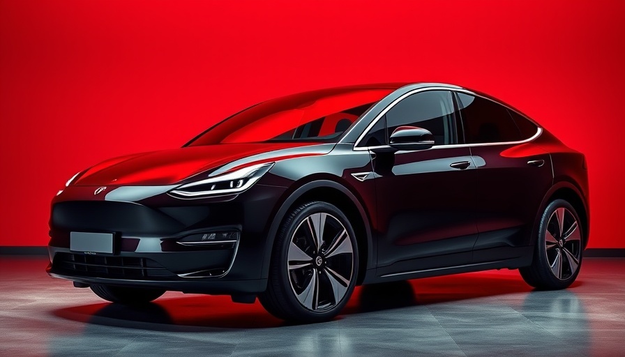 Sleek black electric car against red background, highlighting Ford Investors Strategy.