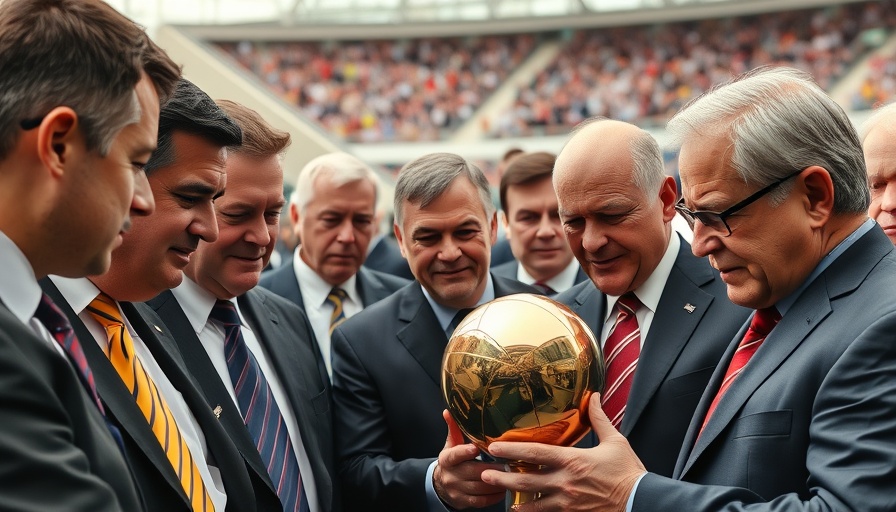 Men in suits examining a golden trophy at an event.