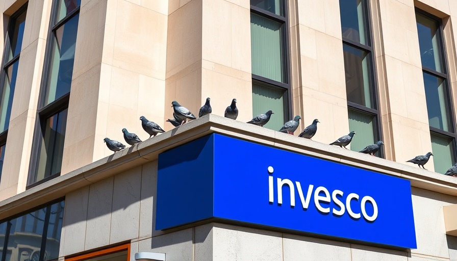 Invesco sign in financial district with urban architecture.