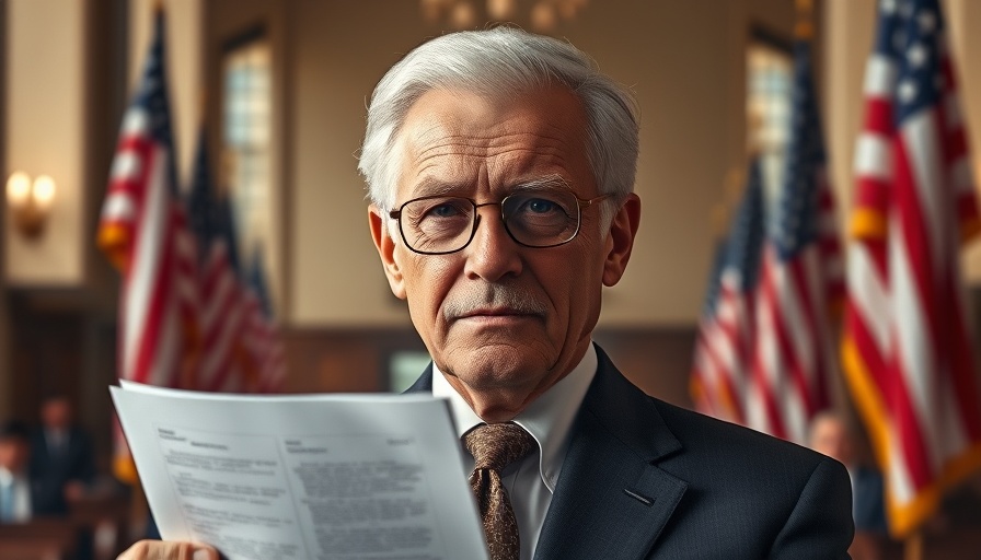 Distinguished older man holding papers in formal setting with flags.