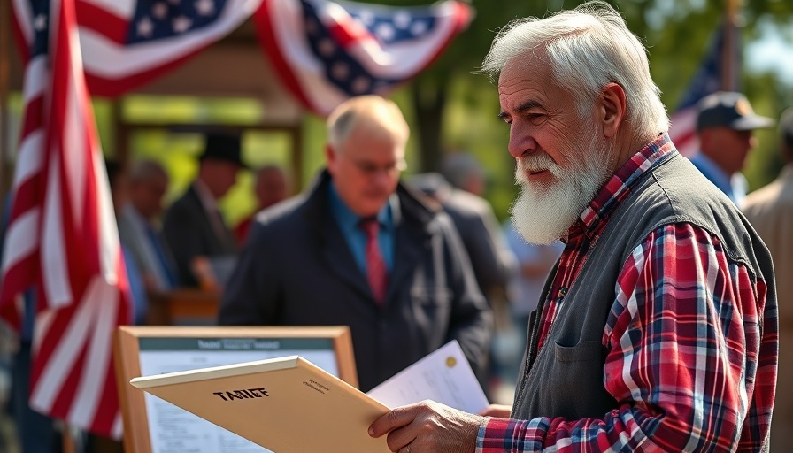 Elderly man discussing tariffs at outdoor event, financial planning context.
