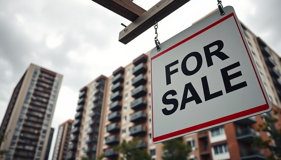 Real estate 'For Sale' sign with buildings in the background, indicating higher mortgage rates.