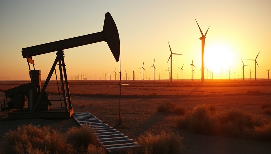 Energy landscape with oil pumpjack and wind turbines, climate-conscious investing