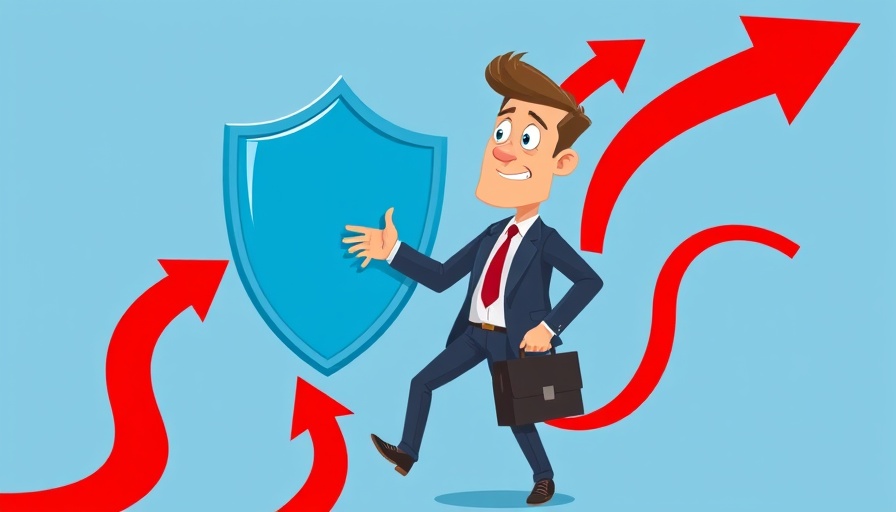 Illustration of businessman protecting against risks with shield.