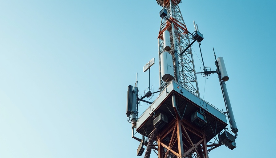 Close-up of telecom tower with antennas against clear sky.