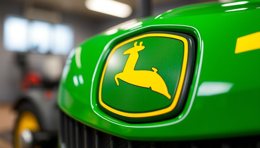 Close-up of John Deere emblem on a green tractor highlighting brand investment.