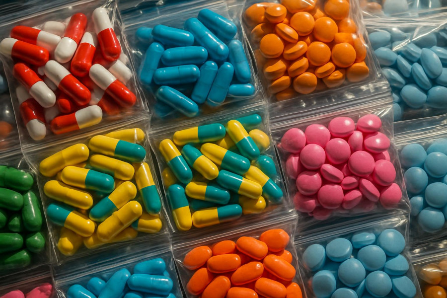 Assorted prescription pills in bags for National Prescription Drug Take Back Day.