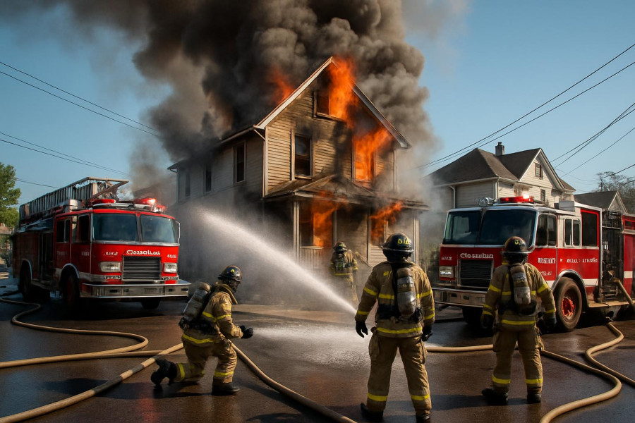 Firefighting in progress in Elizabeth NJ with fire trucks.